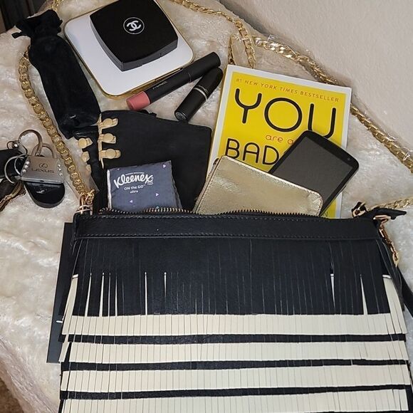 Black/Tan Fringe Vegan Leathe Clutch/Crossbody Bag - Picture 2 of 15